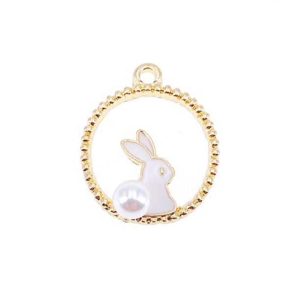 圓框兔子珍珠合金DIY掛飾