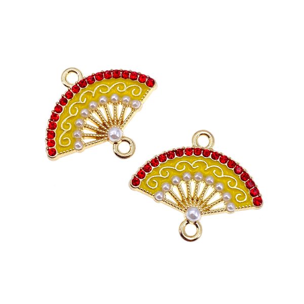 中國古典鑲珍珠扇合金紅黃色首飾配件