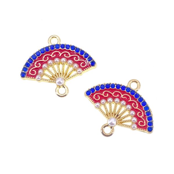中國古典鑲珍珠扇合金紅藍色首飾配件